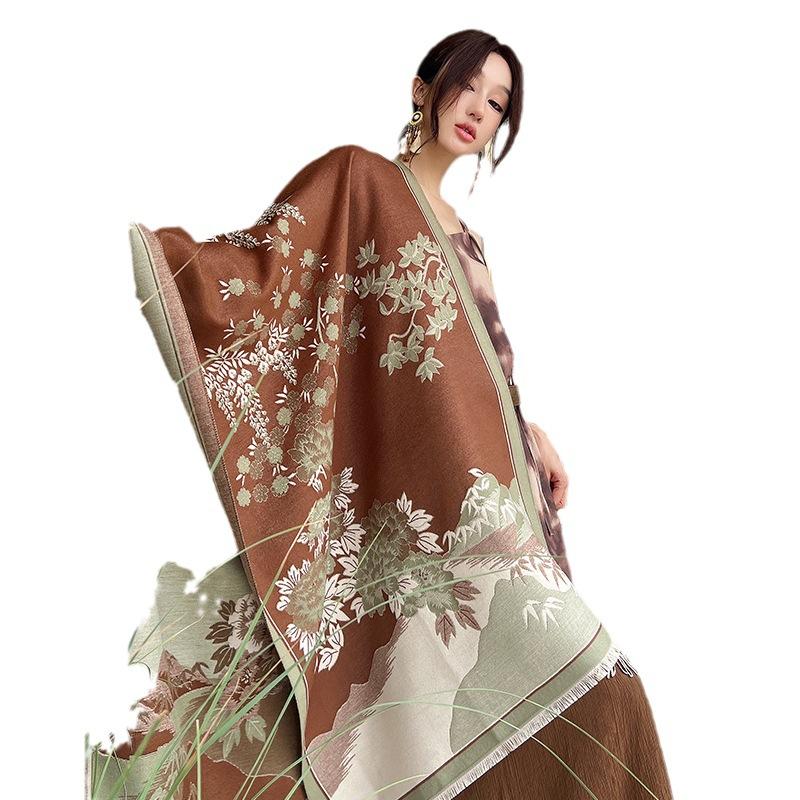 Imitation Cashmere Scarf for Women Elegant and Fashionable National Style Peony Scarf  Warm and Cold Proof Tassel Shawl
