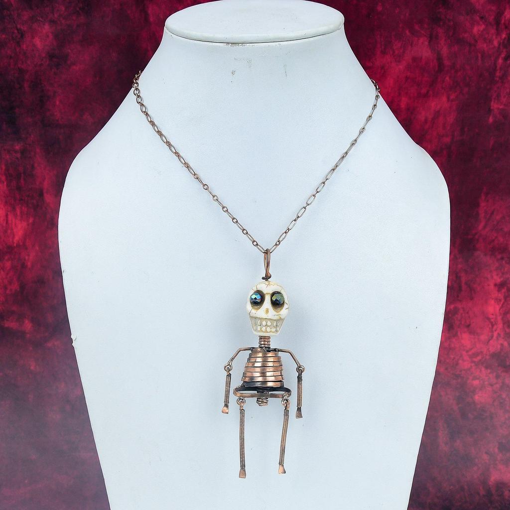 Howlite Pendant Copper Wire Wrapped Jewelry Titanium Bead Eyes & Skull Bone Face Pendant