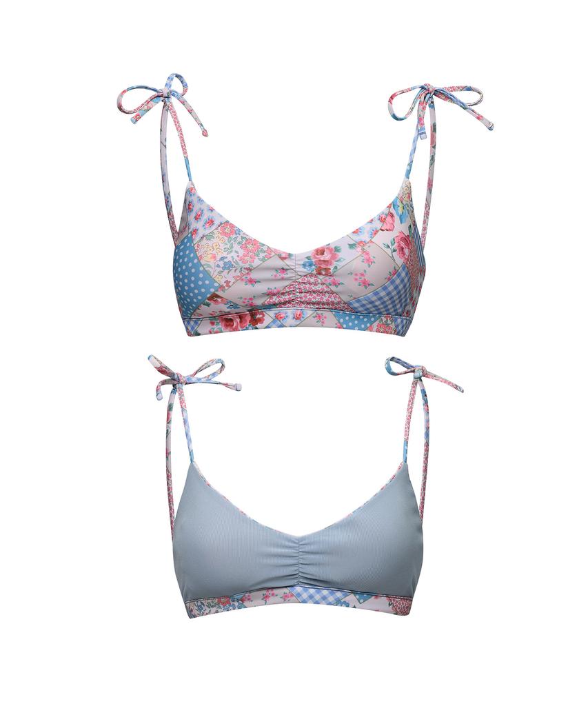 Lupeulupeu Shirred Reversible Bikini Top [Bohemian Patchwork Sky Blue]