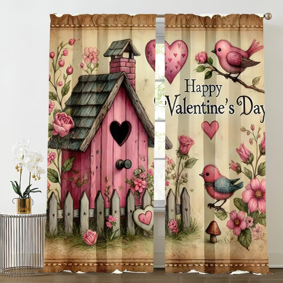 2PCS Retro Love Hut Valentine's Day Curtains   Romantic Style   Bedroom Living Room   Drawbar Pocket Decorative Curtains