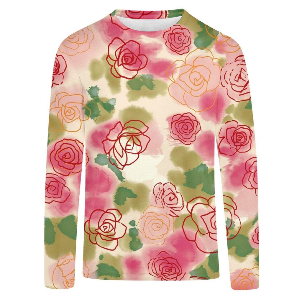 Spring and Autumn Round Neck Flower Pattern 3D Printed T-shirts Retro artistic style Top Fashionable Casual Long Sleeved Women's T-shirts