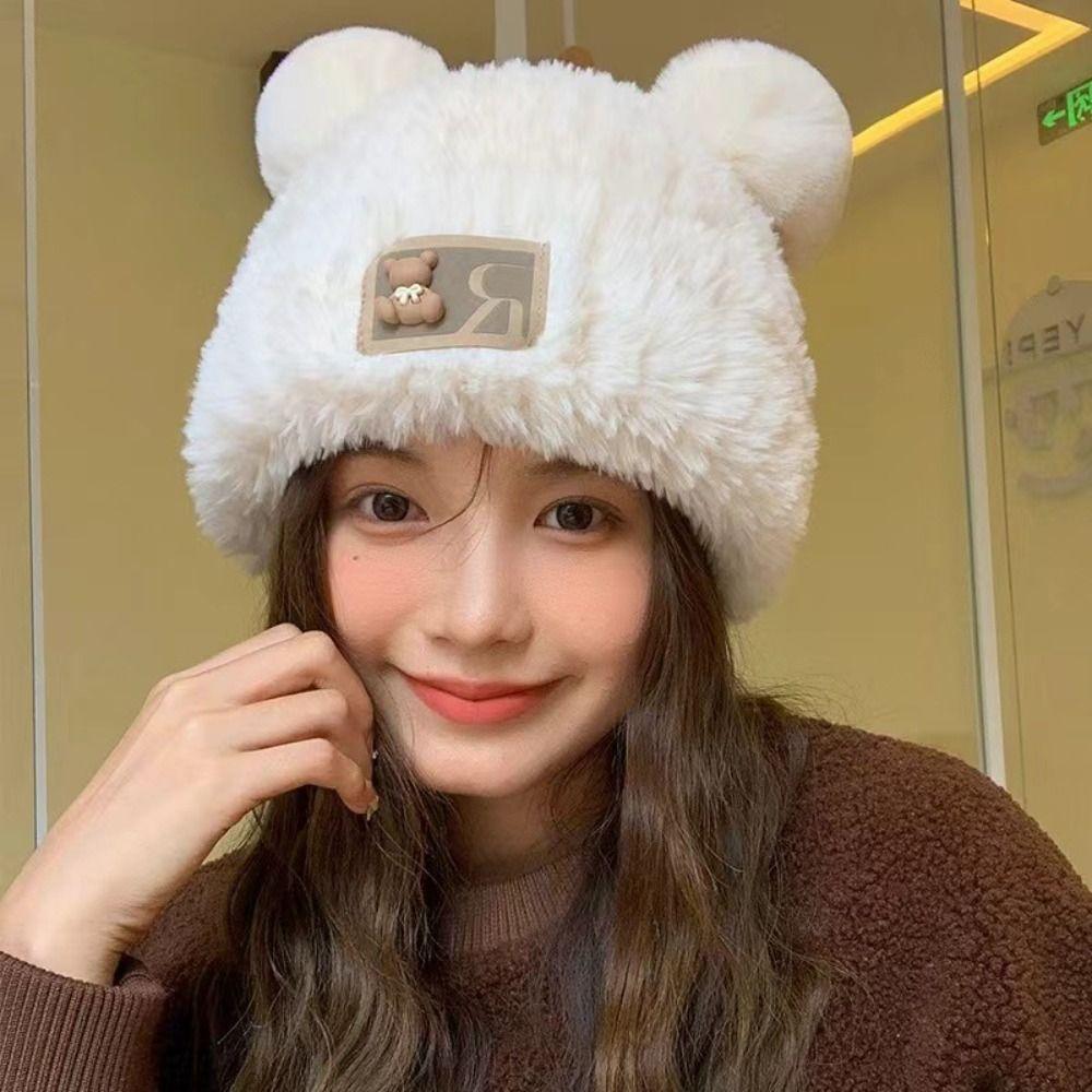 Warm Winter Plush Bear Hat Thick Beanies Caps Fashion Y2K Bear Ear Hat Women