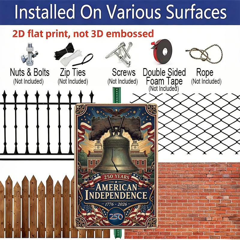 2D Flat Decorative 8×12 Inch Aluminum Plaque Metal Sign | 250 Years American Independence (1776-2026): Liberty Bell, Bald Eagle & US Flag; Honor