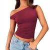 Women one shoulder asymmetrical short sleeve ruched crop top solid black slim casual tee