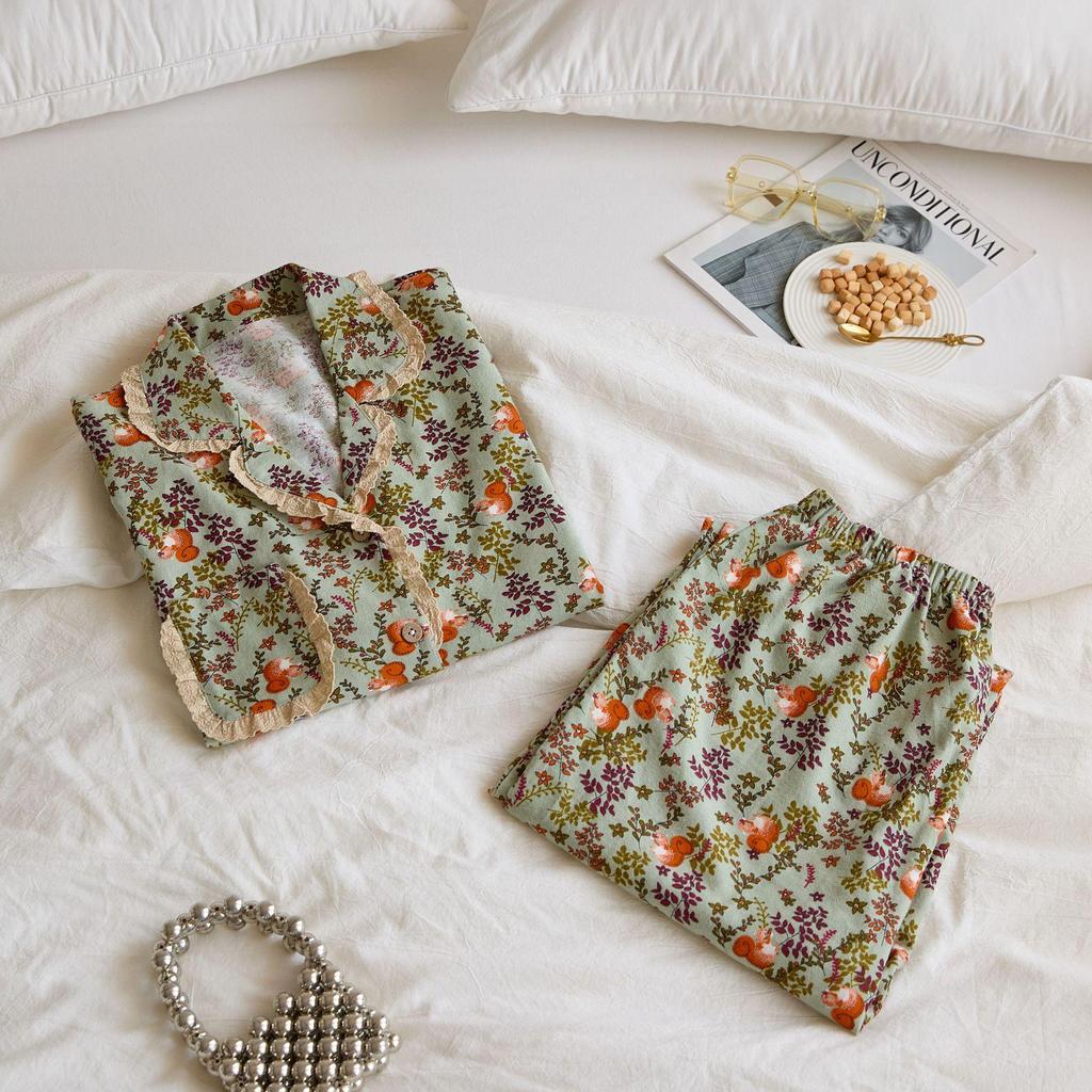 Women's Brushed Cotton French Pajamas - Comfy, Loose-Fit Long Sleeve Set for Spring & Autumn