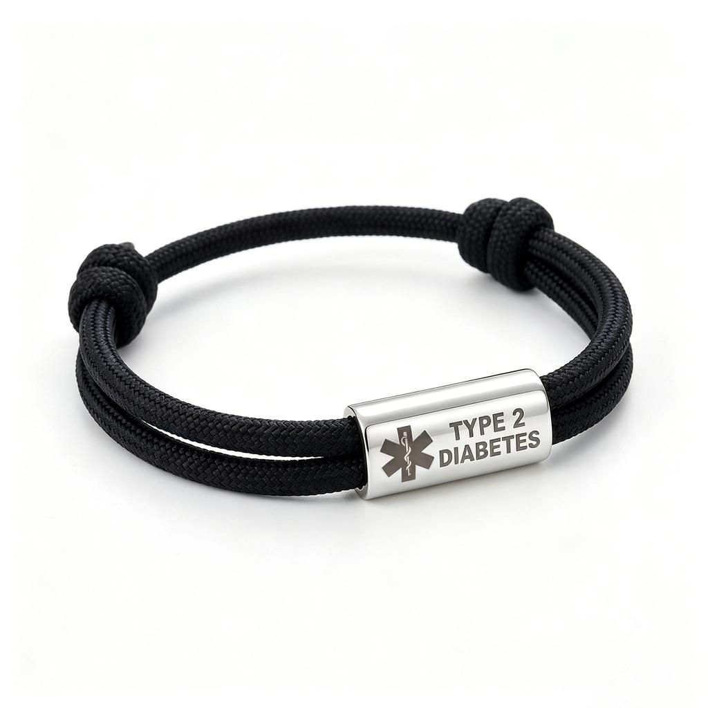 Bracciale Diabete di Tipo 2 Acciaio Inossidabile Barra Incisa Corda di Nylon Intrecciata Doppia per Uomo Donna