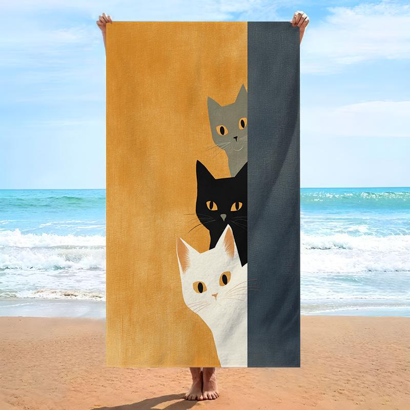 Three Cats Peeking Beach Towel, Minimalist Black Gray White Cats Warm Cool Textured Background Soft Microfiber Unisex for Travel W30*H60(CM)