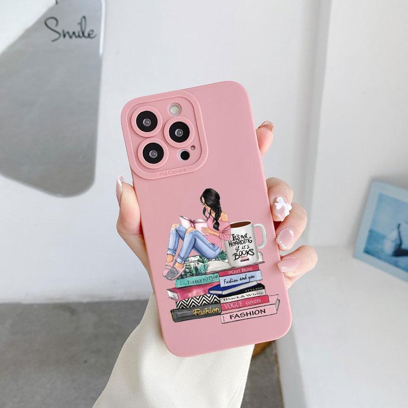 Read Book And Coffee Girl Phone Case Cute Cover for Iphone 7 8 Plus SE 2020 13 14 12 11 Pro Max X XS XR Soft Silicone Back Cover