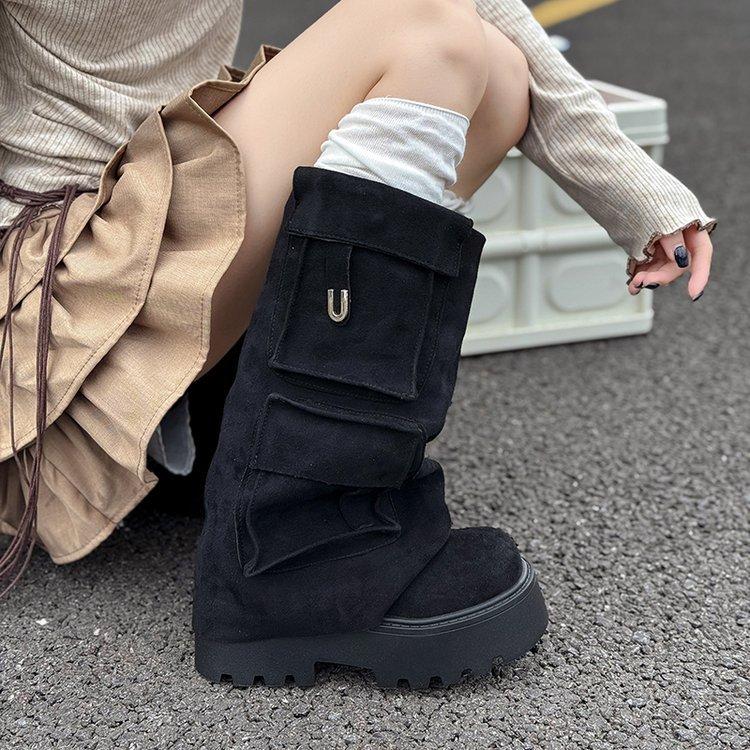 Retro thick-soled trouser boots 2025 summer new thin long boots niche design knight boots pocket tooling boots