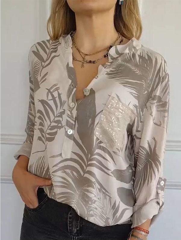 2025 Spring/Summer Women's Loose Casual Long-Sleeve Sequin Pocket Print Shirt