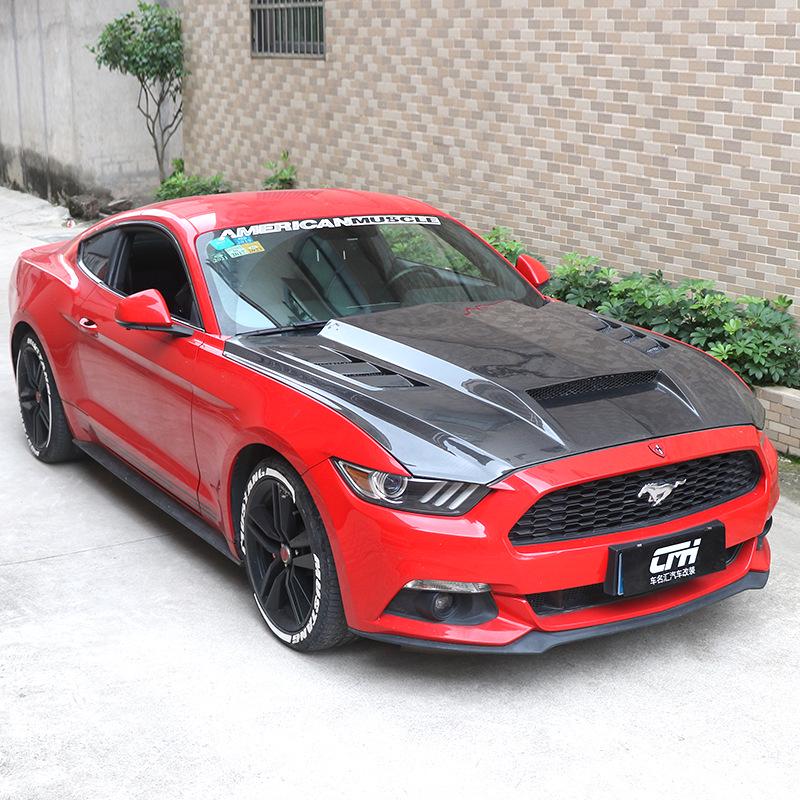 TF Carbon Fiber Vented Hood for 15-17 Ford Mustang: Enhances Engine Bay Heat Dissipation