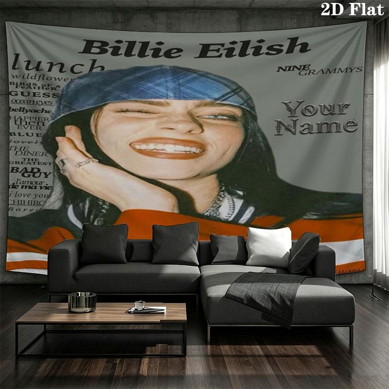 Arazzo da Parete con Nome Personalizzato Billie Eilish Appeso Estetico alla Parete Coperta in Tessuto Stampato Arazzi Decorativi per Camera da Letto Soggiorno Decorazioni per la Casa