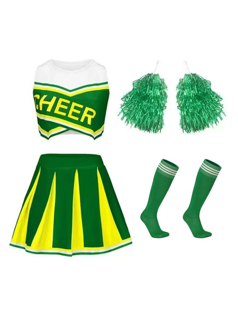 Women Girl Cheerleading Costume Sleeveless Dress Hand Flower With Stockings Dance Costume Set Schoolgirl Cheerleading Dance Suit
