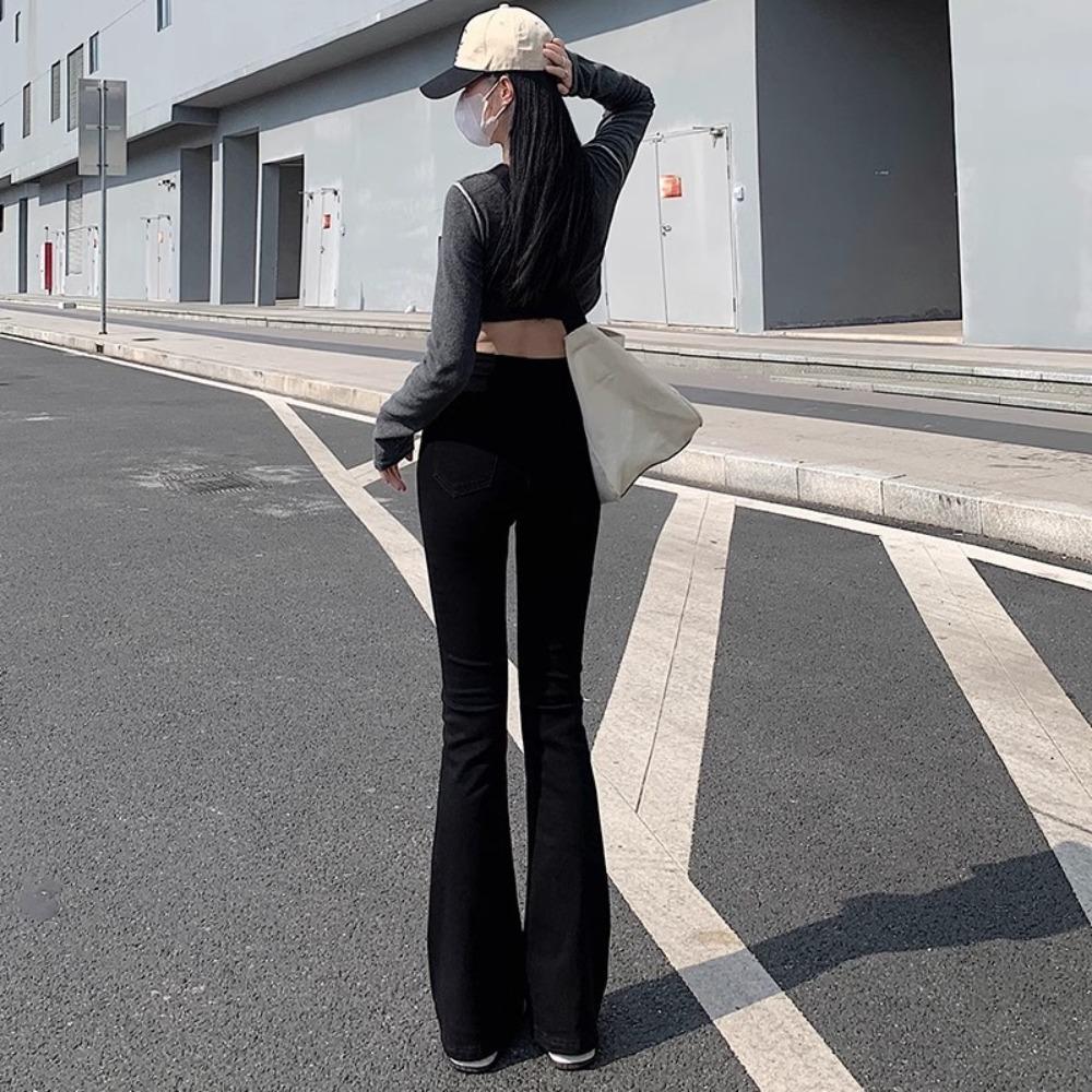 Women's High Waist Black Flare Jeans Slim Fit Stretchy Bell Bottom Denim Pants With Multiple Lengths For Petite Daily Street Style