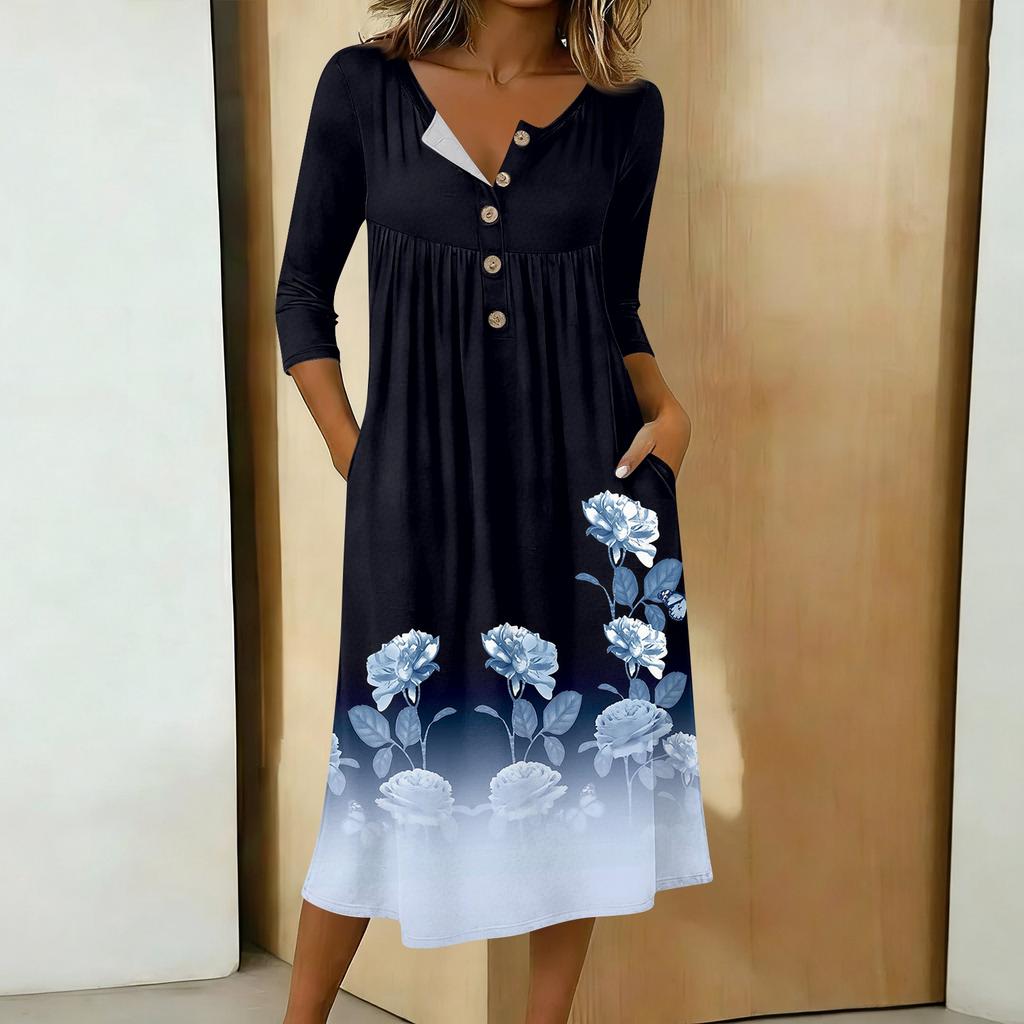 Women's Fashionable Color Printed Round Neck 3/4 Sleeve Button Collar Mid Length Casual Dress