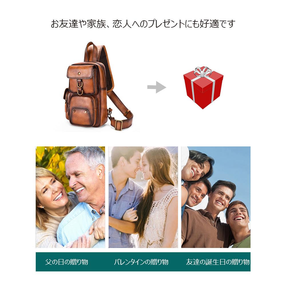 Whatna Antique-Style Tanned Natural Cowhide Leather One-Shoulder Men's Body Bag, Chest Bag, Crossbody Bag, Genuine Leather, Thick Leather, Gift for