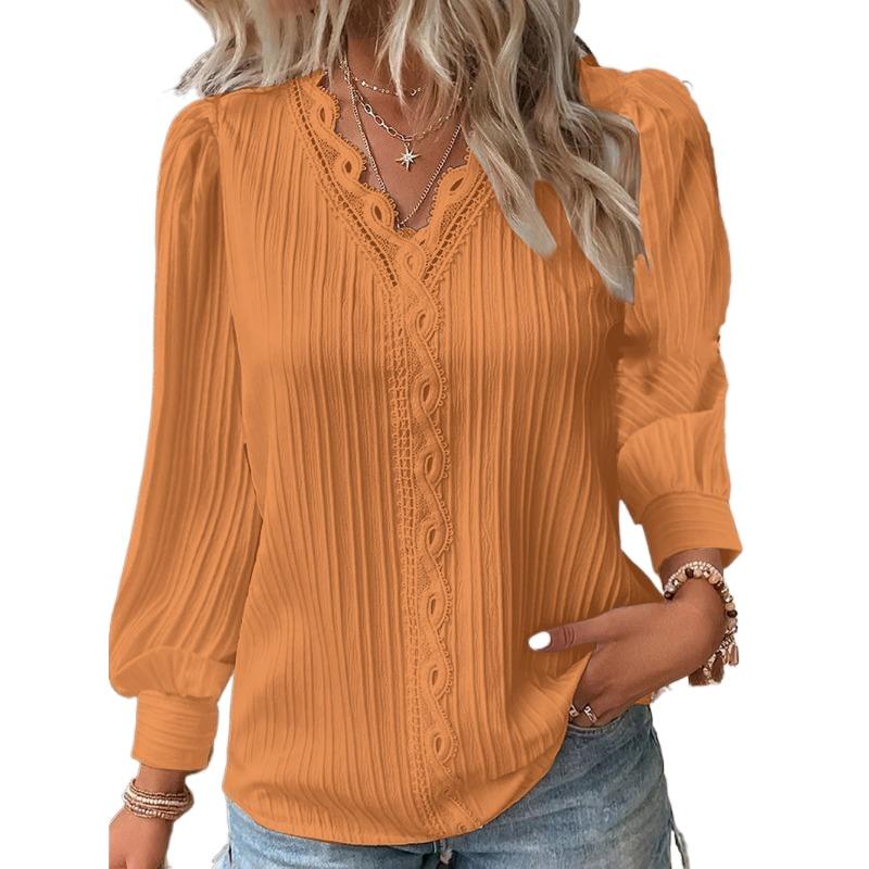 Women's Fashion Casual Spring Fall Solid Color Print Pullovers & Long Sleeves V-Neck Blouses & Shirts