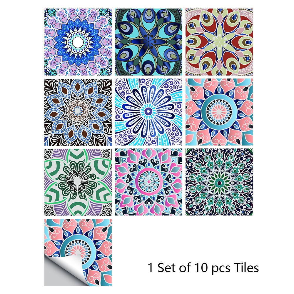 10pcs Mandala Crystal Hard Tiles Ceramic Wall Stickers Peel Stick Decals for Kitchen Wardrobe Home Decor Art Mural DIY