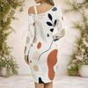 Women Plus Size Chain Strap Cold Shoulder Long Sleeve Printed Asymmetric Hem Bodycon Dress