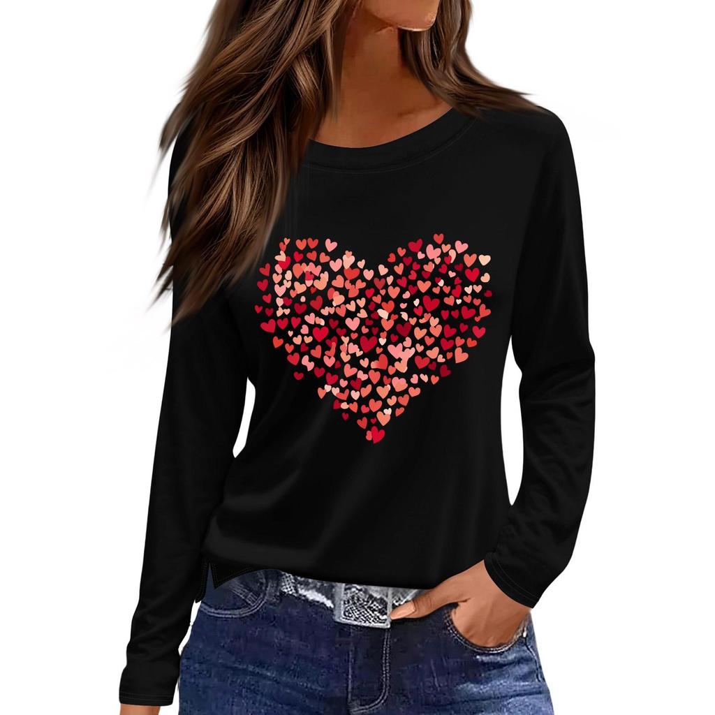 Women's Fashion Casual Slit Hem Round Neck Long Sleeve Loose Christmas Printed T-Shirt Ladies Top