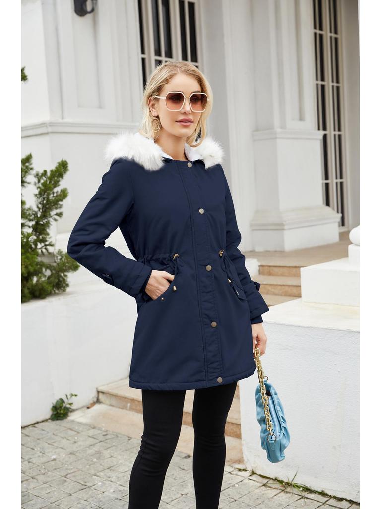 2023 Women's Detachable Fur Collar Parka: Long Sleeve Hooded Cotton Coat with Fleece Lining for Autumn/Winter