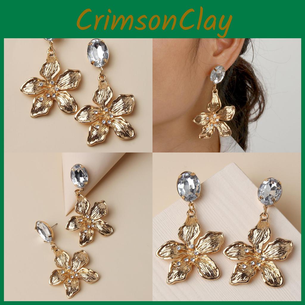 Gold Plated Floral Earrings With Sparkling Accents For Womens Gift Party And Holiday Style