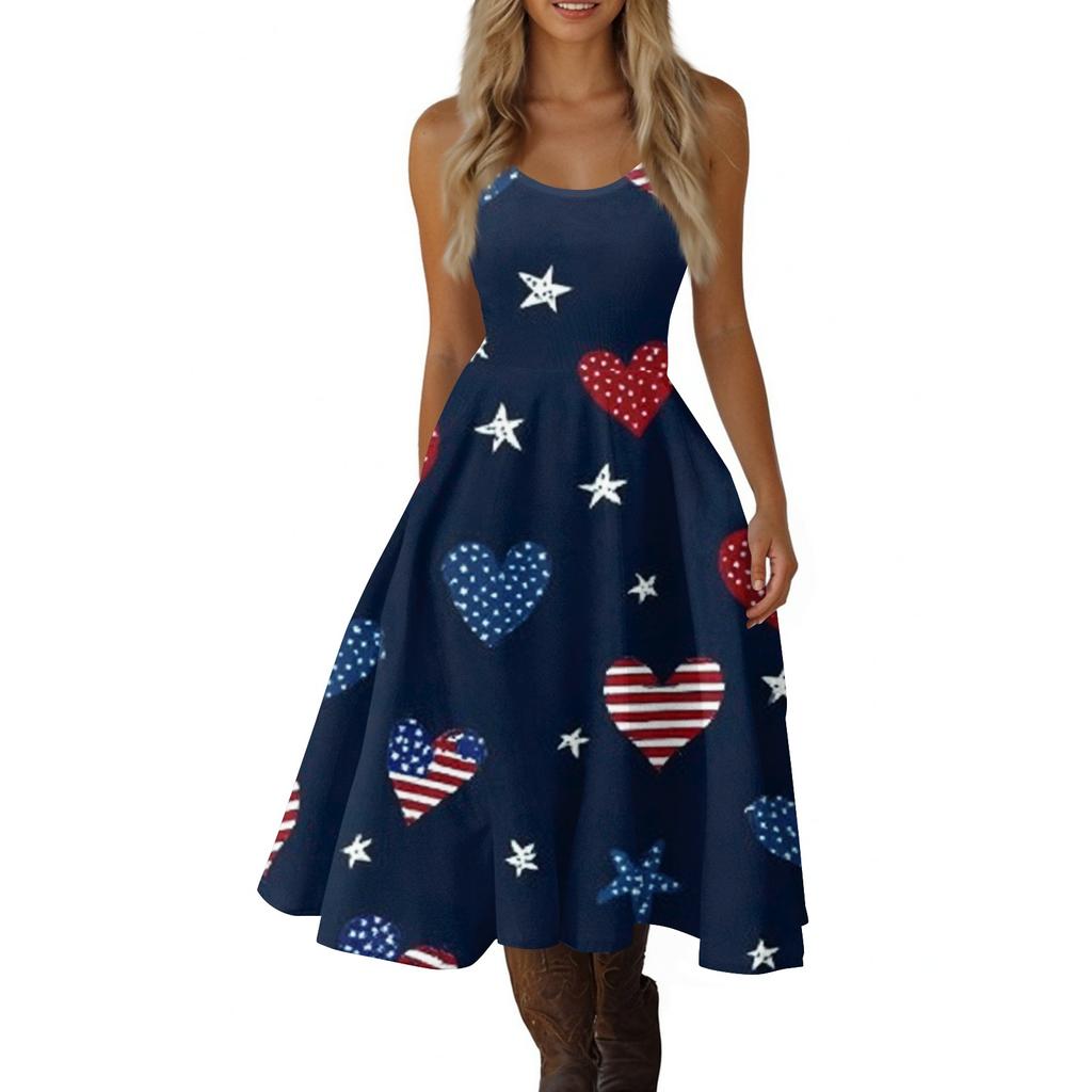 Women's Casual Fashion Independence Day Print V-Neck Retro Sleeveless Dress