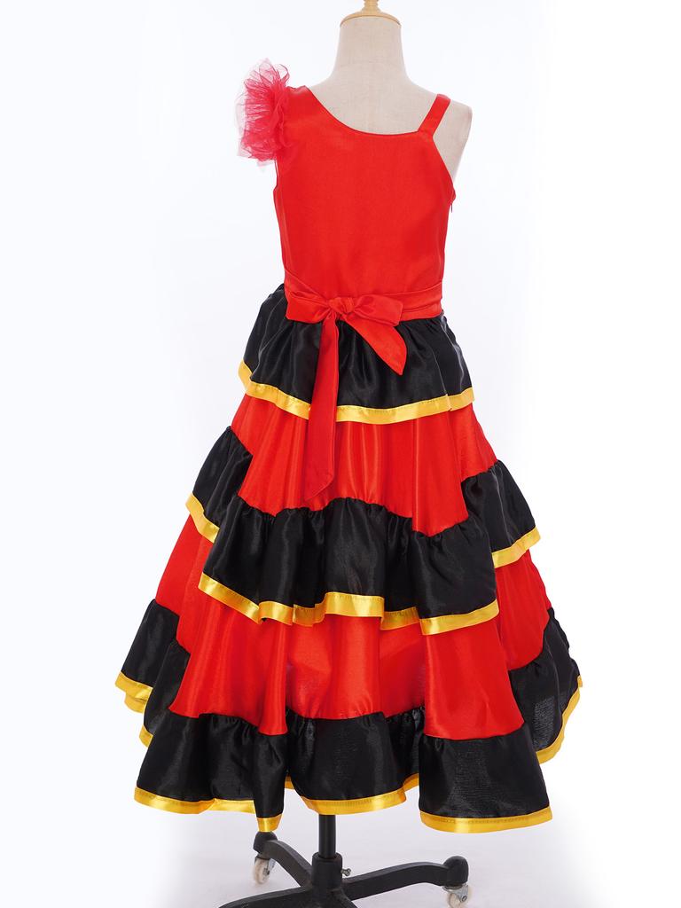 Mädchen Farbblock Tanzkleid Asymmetrische Schulter Stufenrüschen Weiter Saum Flamenco Kostüm Kopfbedeckung