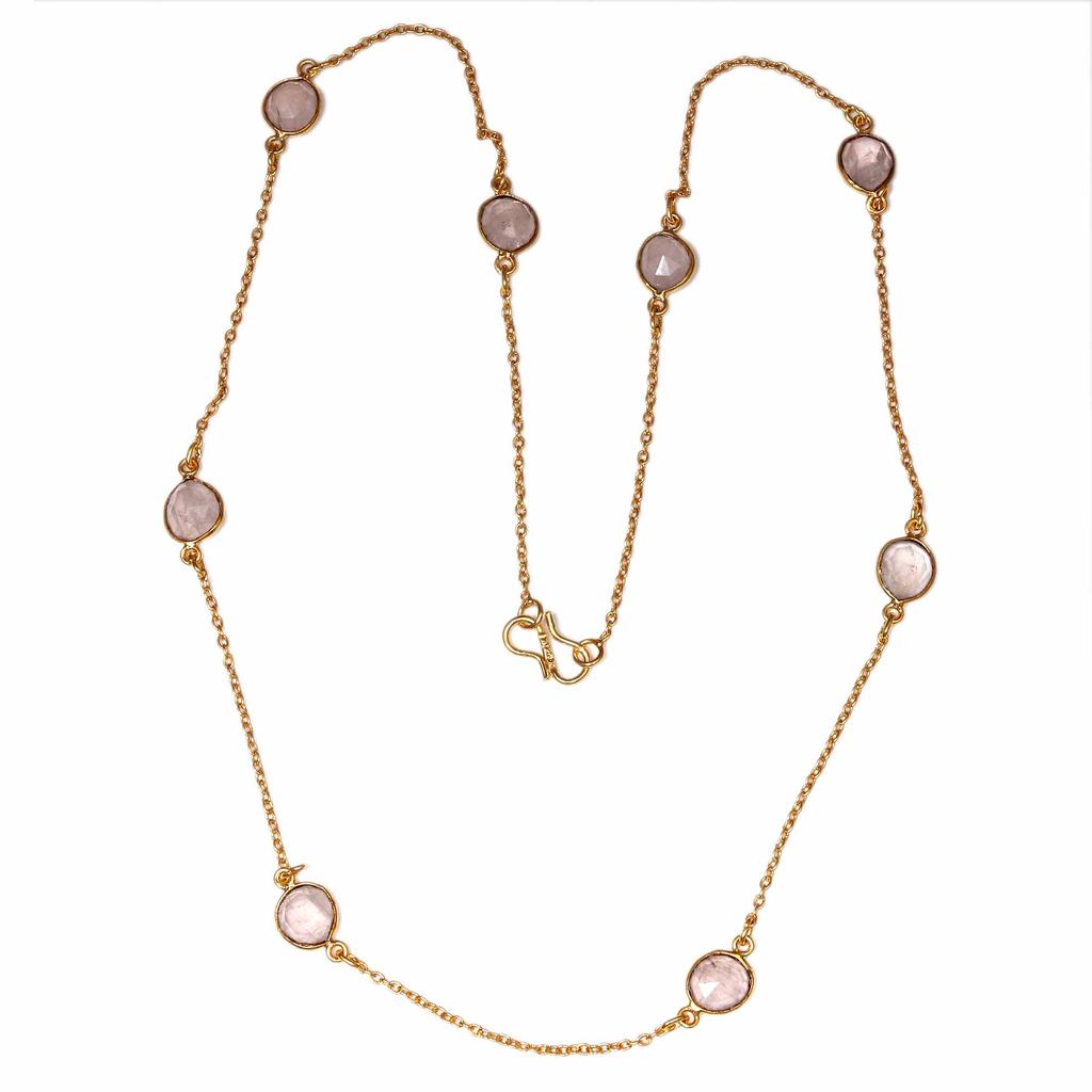 Necklace Pink Rose Quartz Feceted Gemstone Handmade Silver Jewelry 24''