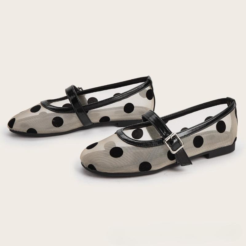 Fashion Fashion Shallow Flat Sandals Women Breathable Mesh Black Polka Dot Ballet Flats Comfortable Round Toe Plus Size Mary Jane Shoes