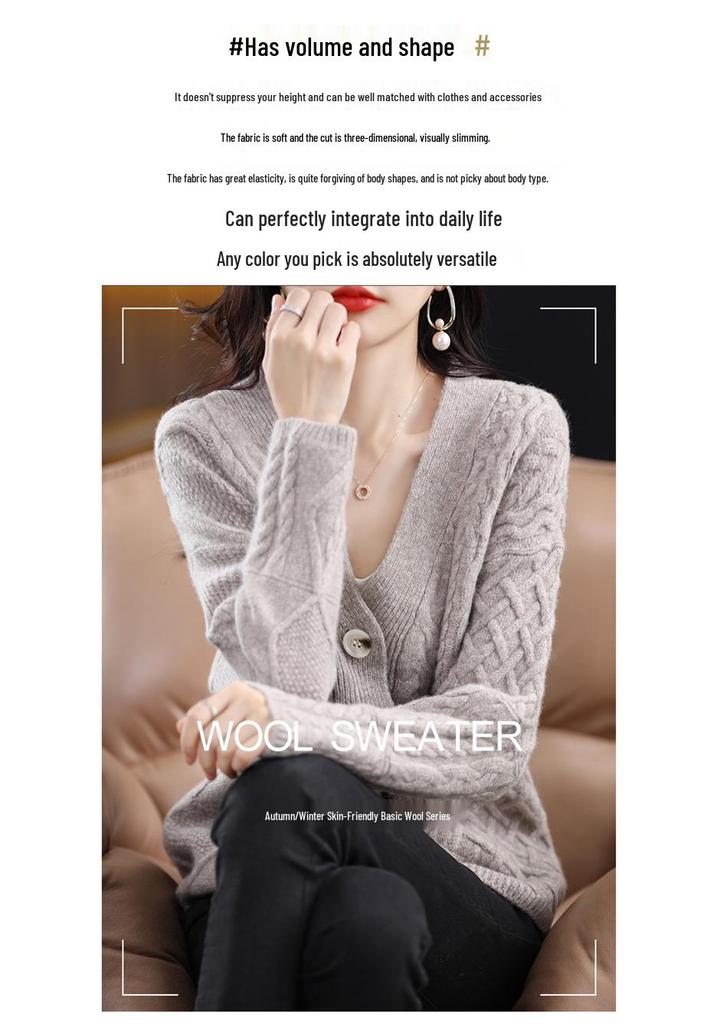 Stylish Retro V-neck 100% Pure Wool Cable Knit Cardigan Sweater
