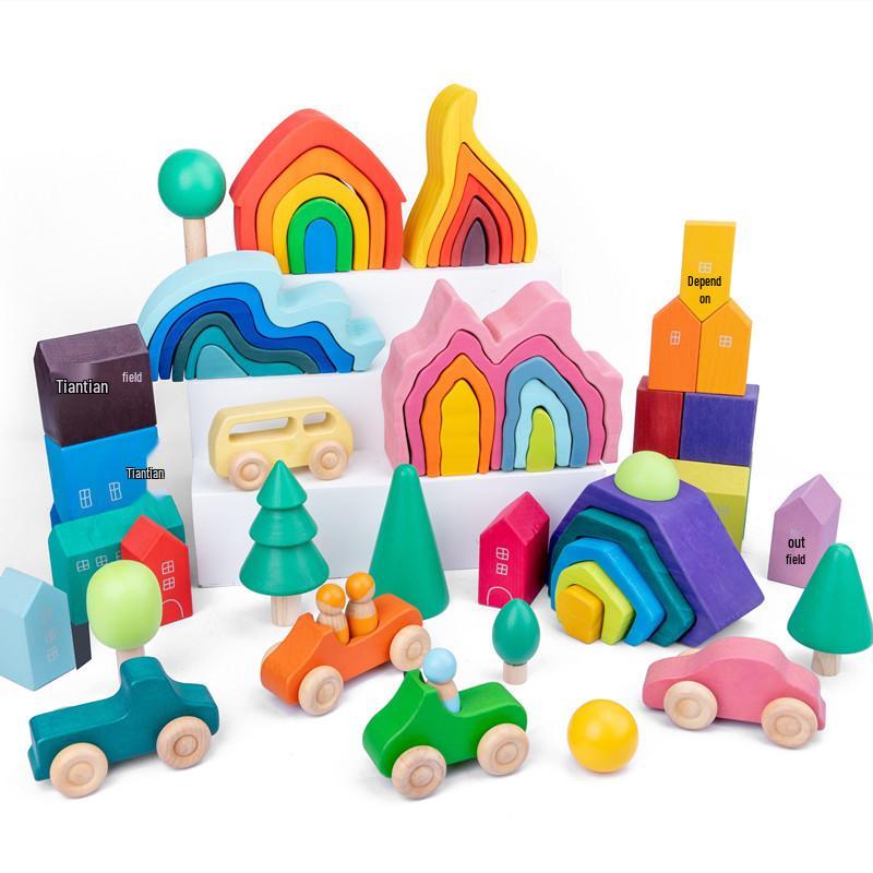 Four Elements Little Tree House Coral Wooden Stackable Building Blocks for Children's Pretend Play