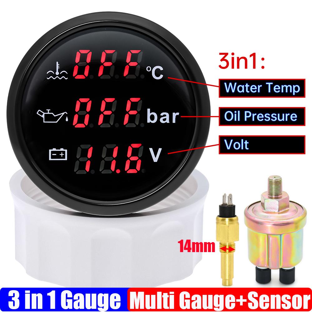 3 In 1 Digital 52mm Gauge with Alarm 0~120℃ Water Temperature Gauge+Oil Pressure+Voltage with Oil Press/Water Temp Sensor