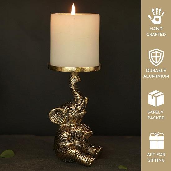 Aluminium Elephant Pillar Candle Holder Statue for Home Decor Tabletop Showpiece for New Home Diwali Ganpati Decoration Gift