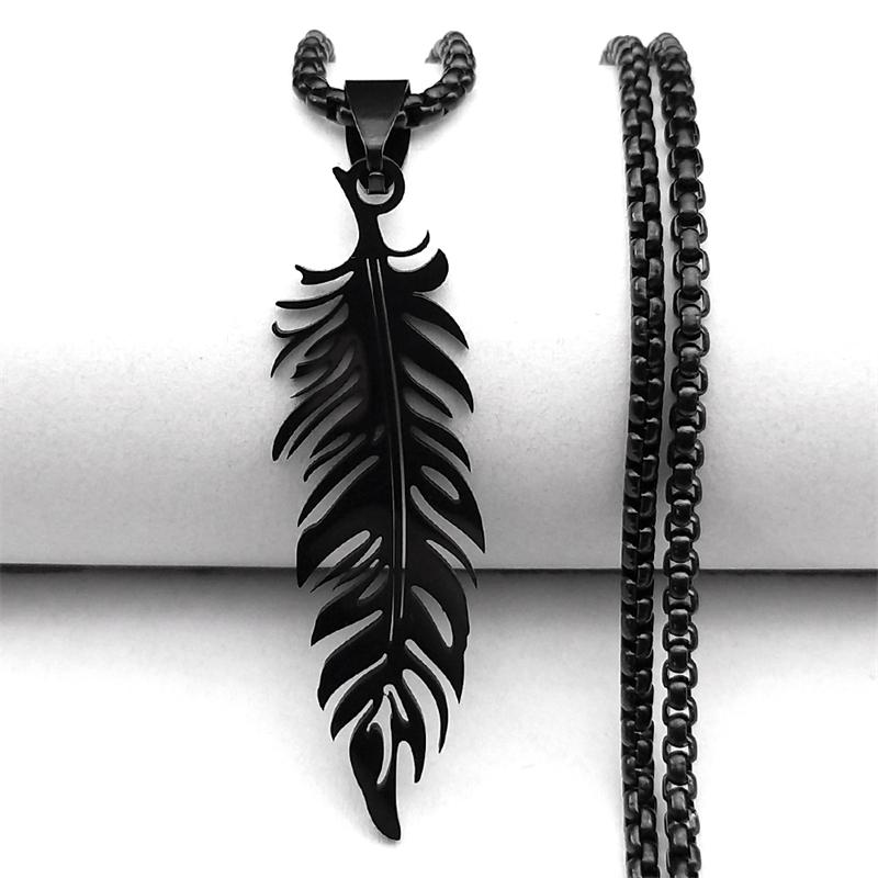 Boho Feather Pendant Male Necklace for Women Men Stainless Steel Silver Color Leaf Chain Jewelry Gift Collar Hombre N3393S01