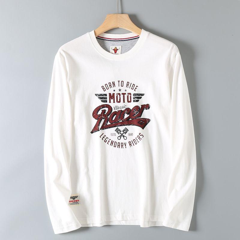Export Surplus Washed Brushed Cotton Men s Autumn Vintage Print Round Neck Breathable Long-Sleeve T-Shirt White 3XL