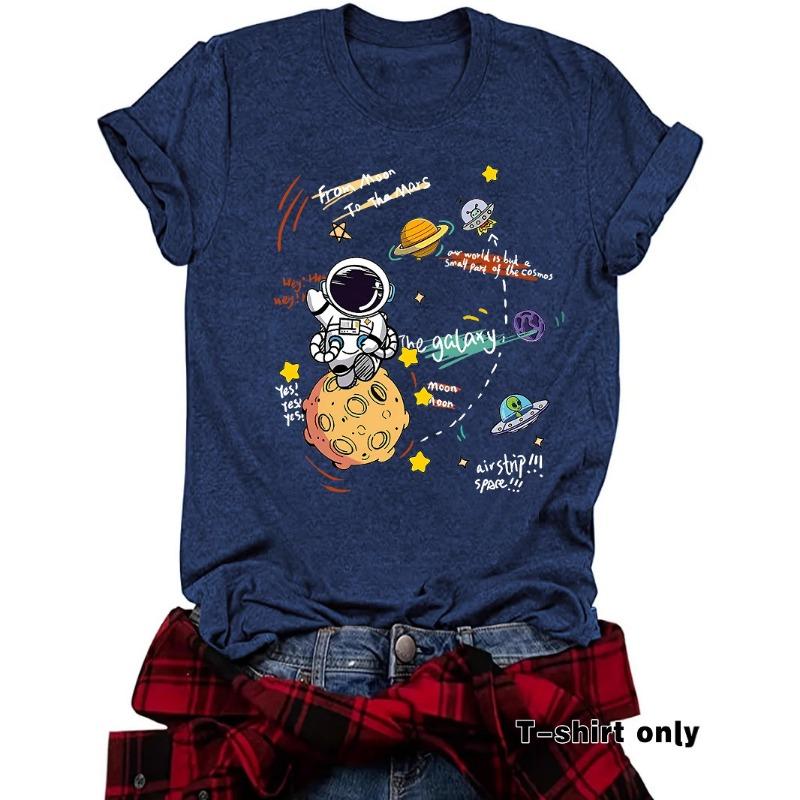 Damen T-Shirt mit Astronauten-Print Kurzarm Lockeres Mode-T-Shirt