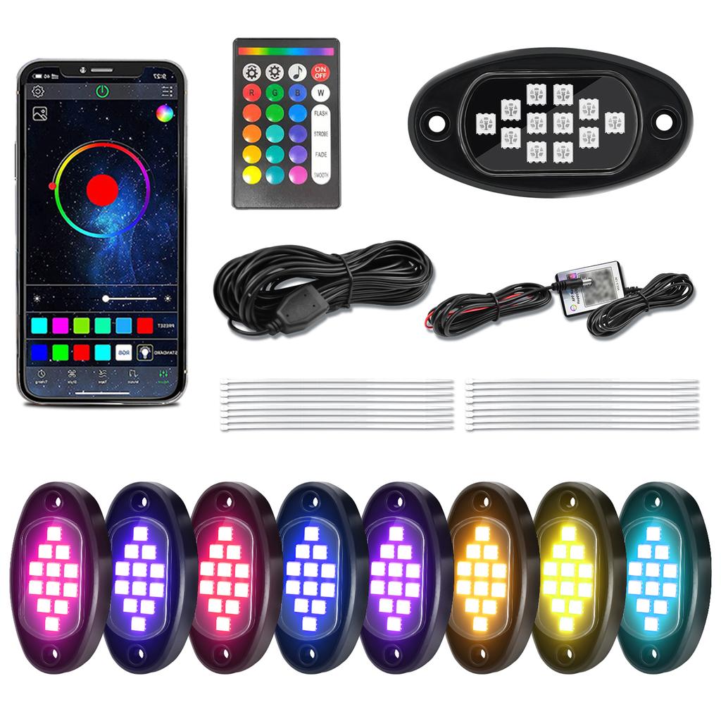RGB Car Underglow Lights, Multicolor LED Underbody Rock Light Kit, 8 Pods Accent Lighting with Phone App, Remote