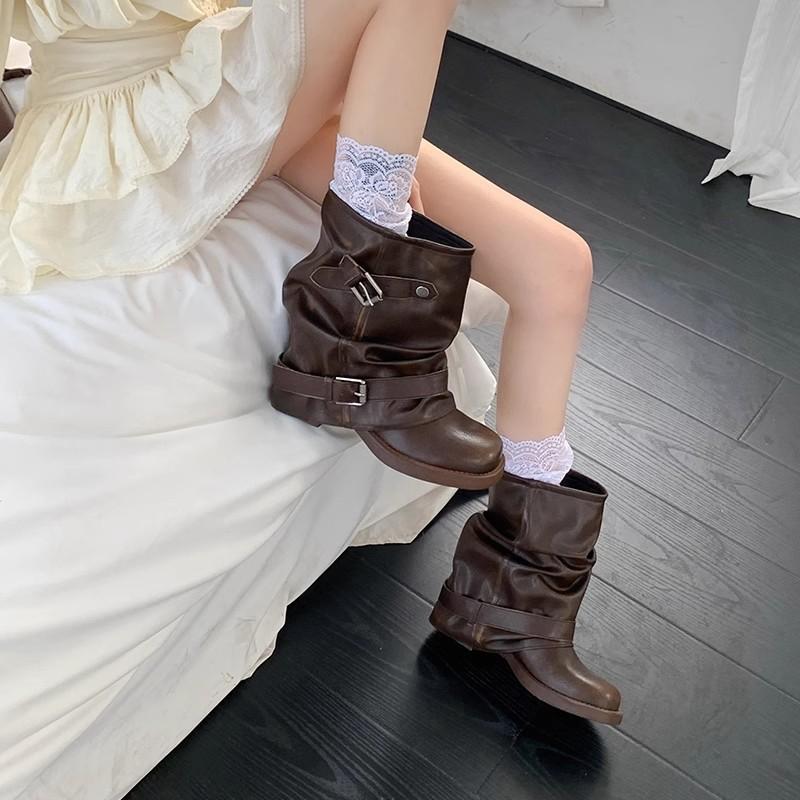 Vintage inner heightening trouser boots pleated western cowboy boots round head thick heel short knight boots