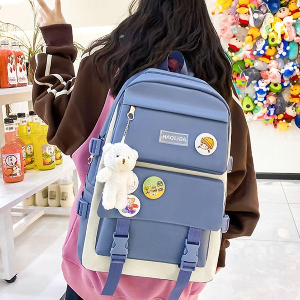 Simple Badge Shoulder Backpack Nylon Korean Style School Bag Sweet Large Capacity Bags  Girls