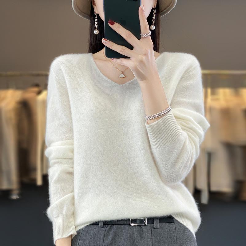 Women's V-Neck Pure Wool Knit Sweater - Heart Neckline, Autumn/Winter Base Layer