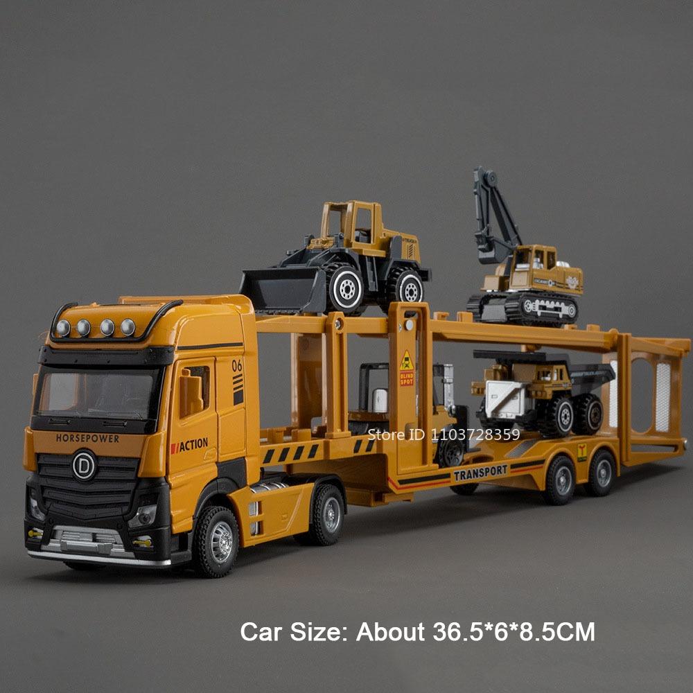 1:32 Double Decker Transport Vehicle Model Toys Alloy Diecast Flat Car Sound Light Doors Opened Pull Back Engineering Cars Gifts