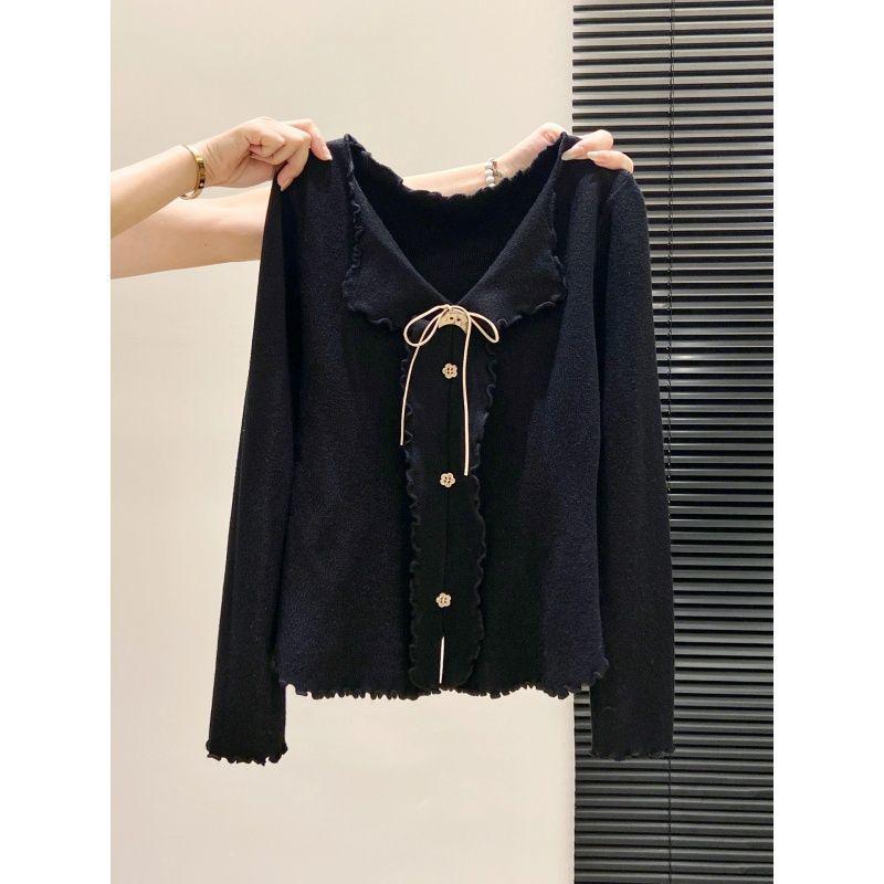 De Róng Miu Series: Sweet Bow V-Neck Long-Sleeve Women s Top Medium чёрный