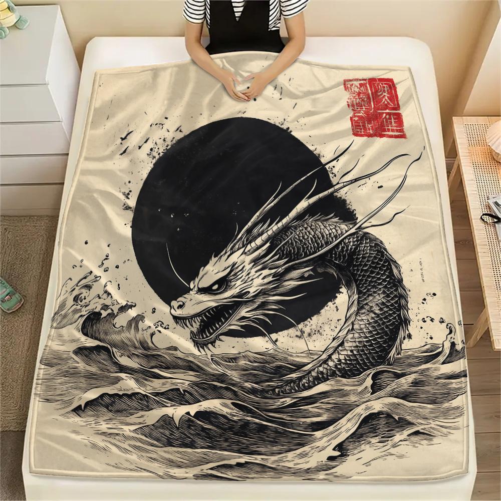 Vintage Dragons Print Flannel Blanket, High quality Comfortable for All Seasons, Home Decor, Warmth and Comfort