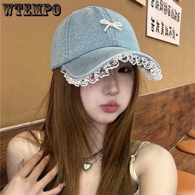 Versione Coreana Primavera Nuovo Cappellino da Baseball in Pizzo e Denim con Fiocco di Perle e Visiera ad Anatra per Donne