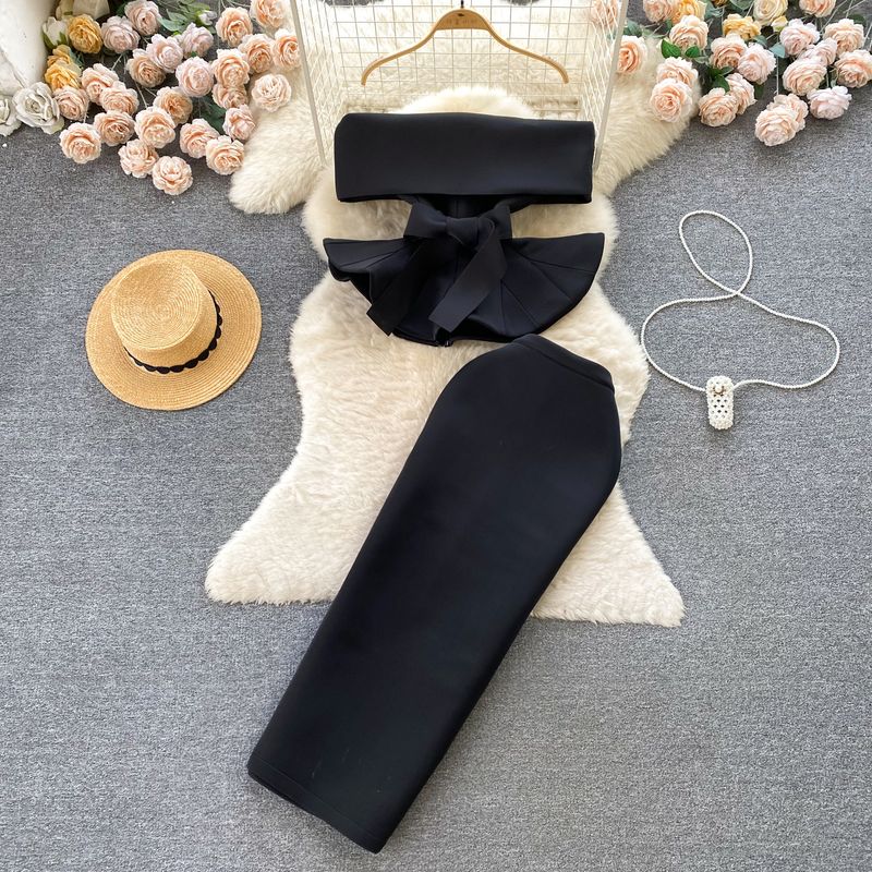 

Palace Style Lace-up Waist-Controlled Ruffled Two-piece Set Dress Black S