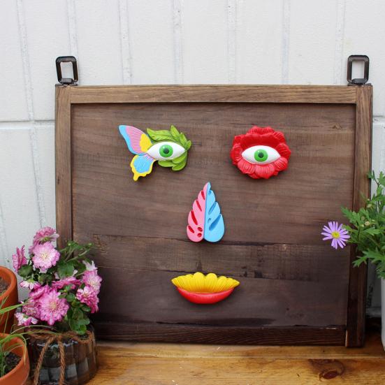 Tree Face Decor Outdoor Flower Tree Face Sculpture Colorful Flower Face Ornament for Garden Fence Decoration Yard Art