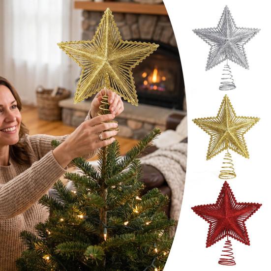 Christmas Seasonal Decor Glitter Star Tree Topper, Hollow Treetop Ornament, Sparkling Decoration for Holiday Home Party Window Display