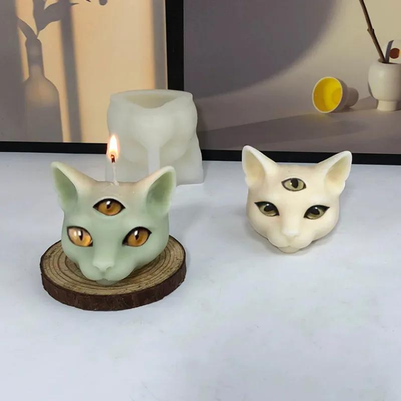 Three-eyes Cat Head Candle Silicone Mold 3D Cat Scented Candle Soap Gypsum Ornaments Making Mold Party Candle Gift Mold