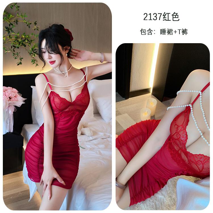 Sex underwear women's sexy perspective suspender skirt pure lace pearl pajamas passion qqny